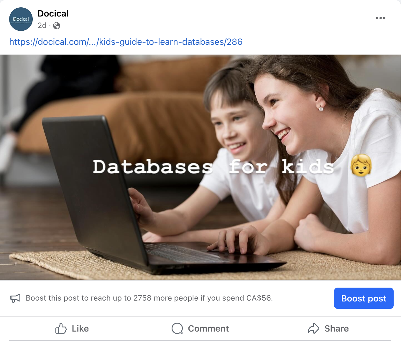 Facebook post of kids and databases blog